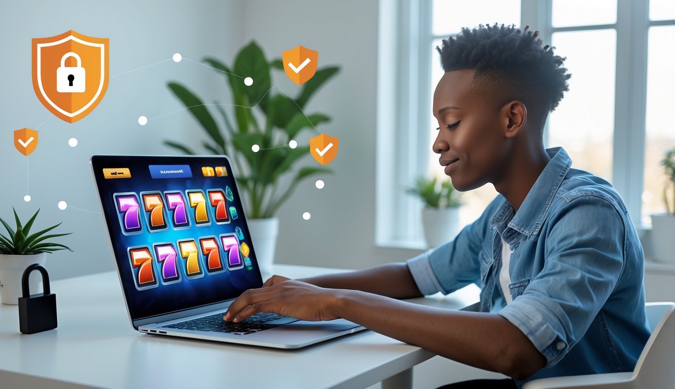 Seseorang duduk di meja dengan laptop yang menampilkan permainan slot online, dikelilingi oleh simbol keamanan dan kepercayaan.