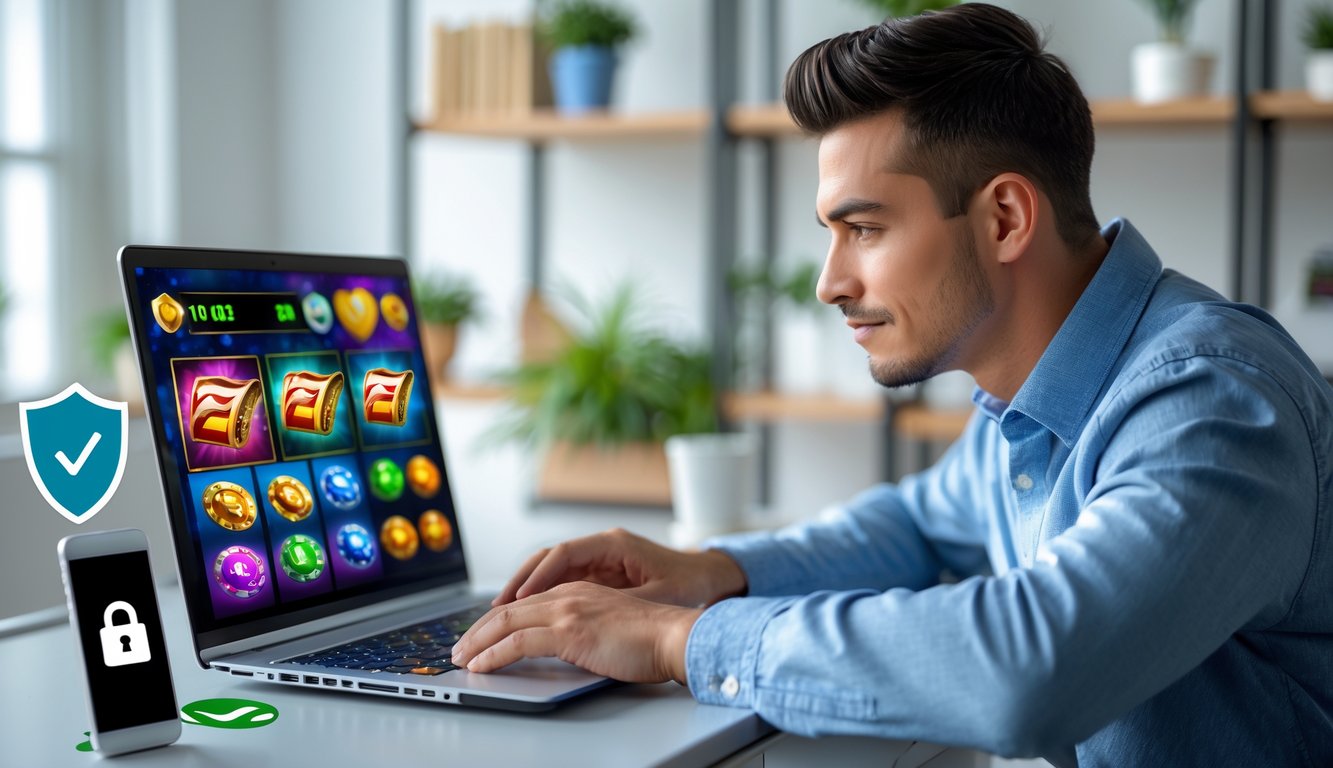 Seorang pria muda duduk di meja dengan laptop yang menampilkan permainan slot online, dikelilingi oleh simbol keamanan dan suasana ruangan yang nyaman.