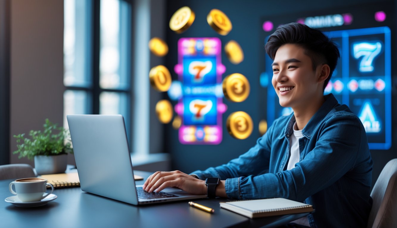 Seorang dewasa muda fokus bermain permainan slot online di laptop dengan ekspresi percaya diri dan senang di sebuah meja kerja modern.