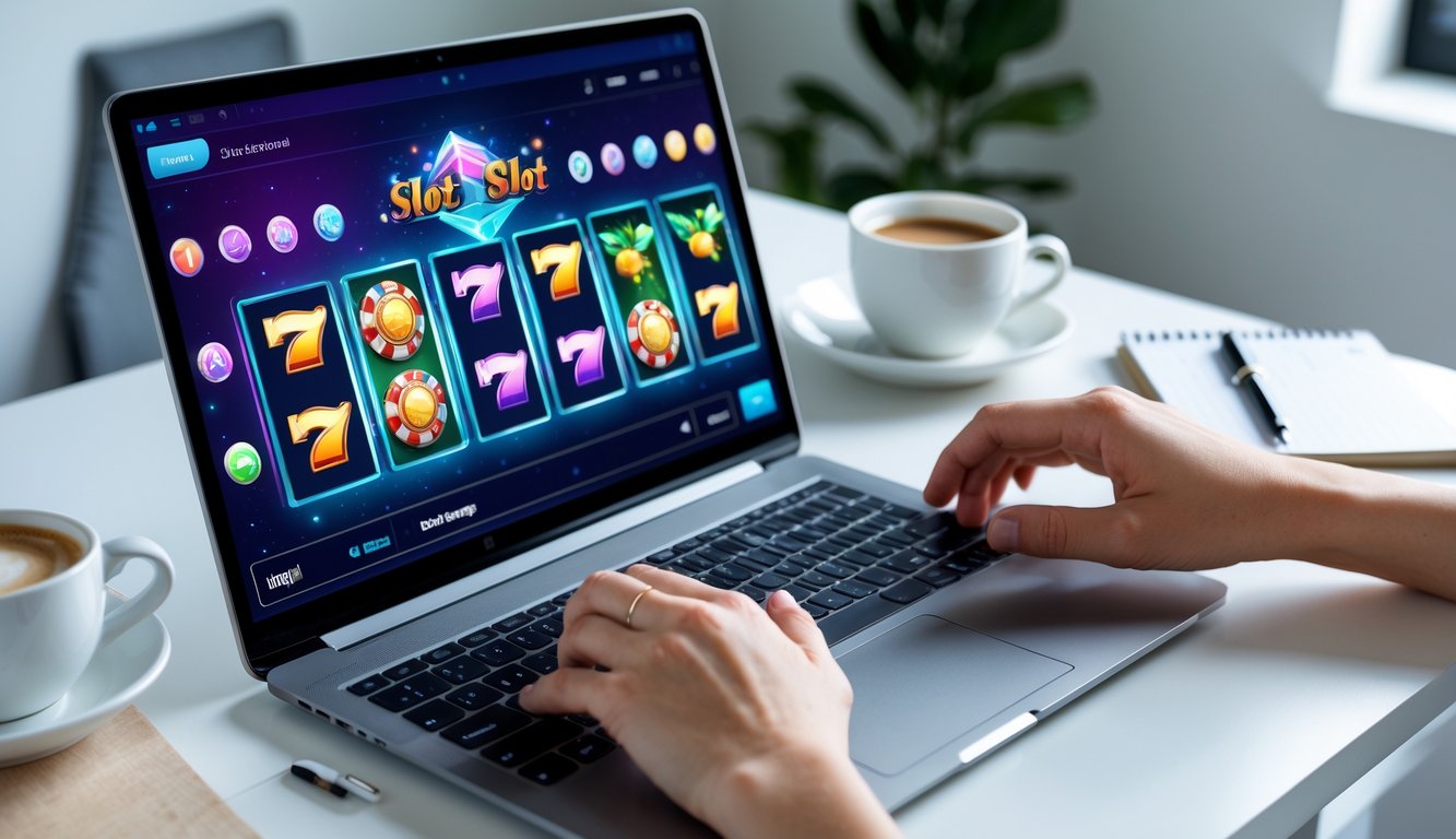 Seseorang bermain permainan slot online di laptop di meja kerja dengan kopi dan alat tulis di sampingnya.