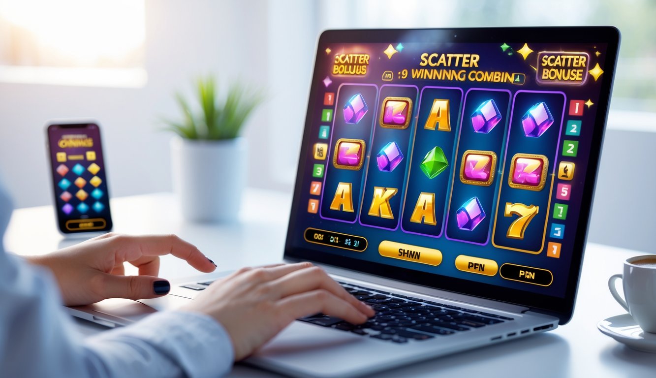 Seseorang sedang bermain permainan slot online di laptop dengan tampilan simbol scatter yang berwarna-warni di layar.