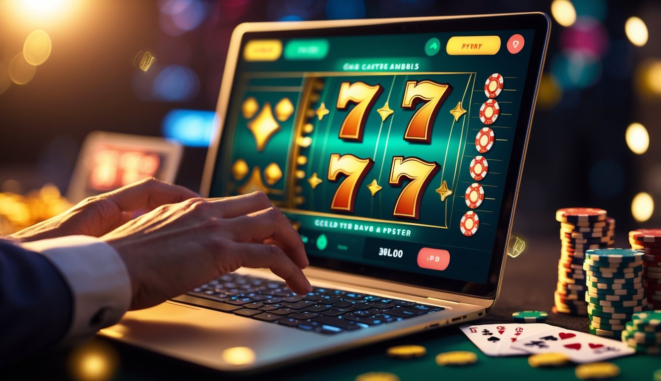 Seorang pengguna sedang bermain game judi slot online di laptop dengan simbol scatter terlihat di layar dan suasana yang cerah dan menarik.