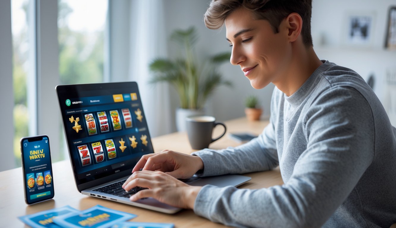 Seseorang sedang bermain game slot online di laptop di ruang kerja rumah yang rapi dan terang.