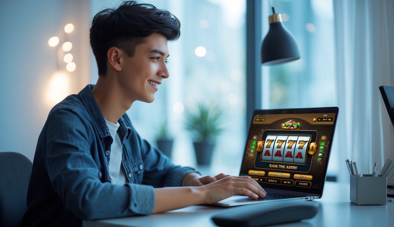 Seorang dewasa muda duduk di meja modern menggunakan laptop untuk bermain judi slot online dengan ekspresi fokus dan suasana ruangan yang terang dan rapi.