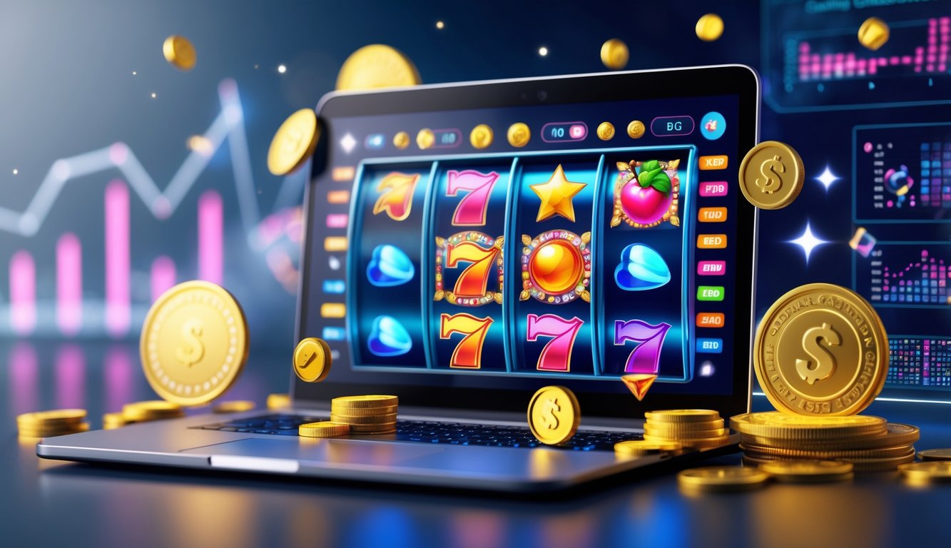 Layar perangkat menampilkan mesin slot berwarna-warni dengan koin dan token emas di sekitarnya, menggambarkan suasana kemenangan dan bonus dalam permainan judi slot online.