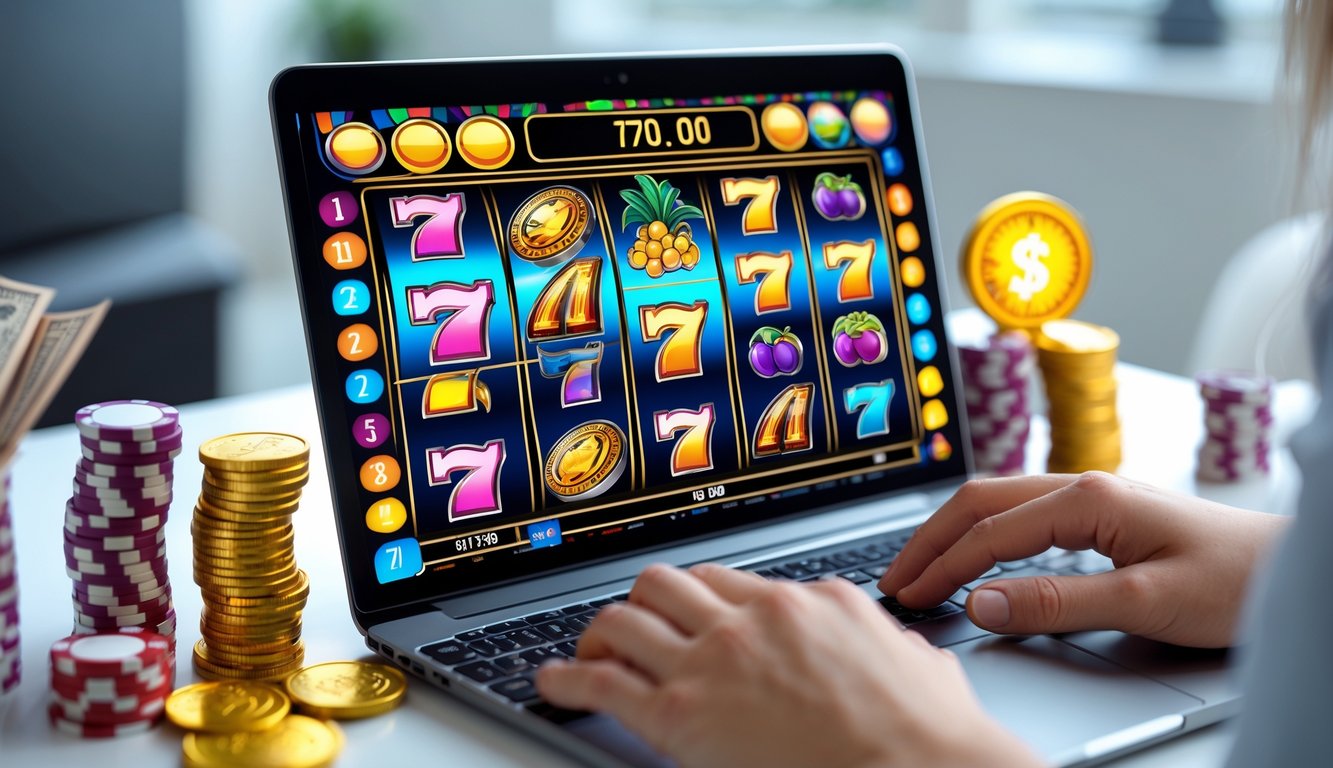 Seorang pengguna bermain permainan slot online di laptop dengan tumpukan chip dan koin emas di sekitar, menunjukkan suasana kemenangan dan bonus.