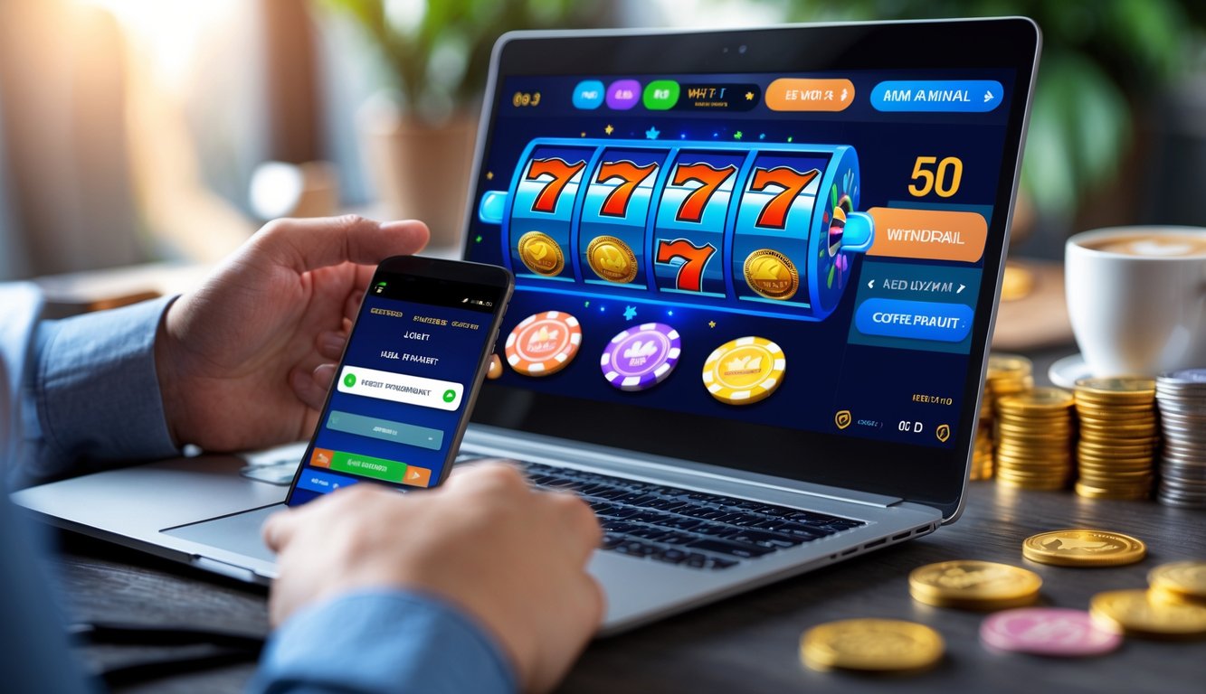 Seorang pengguna duduk di depan laptop dan smartphone yang menampilkan permainan slot online dengan suasana kerja yang nyaman dan profesional.