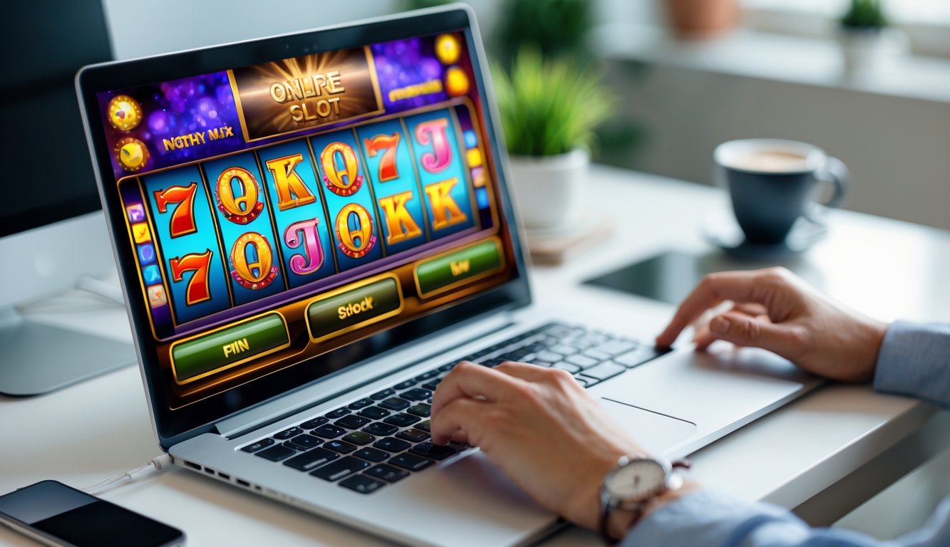 Seseorang sedang bermain judi slot online di laptop di atas meja yang rapi dengan secangkir kopi dan ponsel di sampingnya.