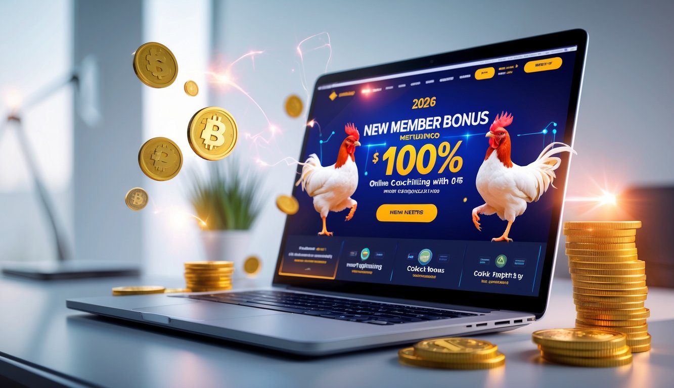 Seorang pengguna duduk di depan laptop dengan tampilan situs web promosi bonus anggota baru 100% untuk sabung ayam online tahun 2026.