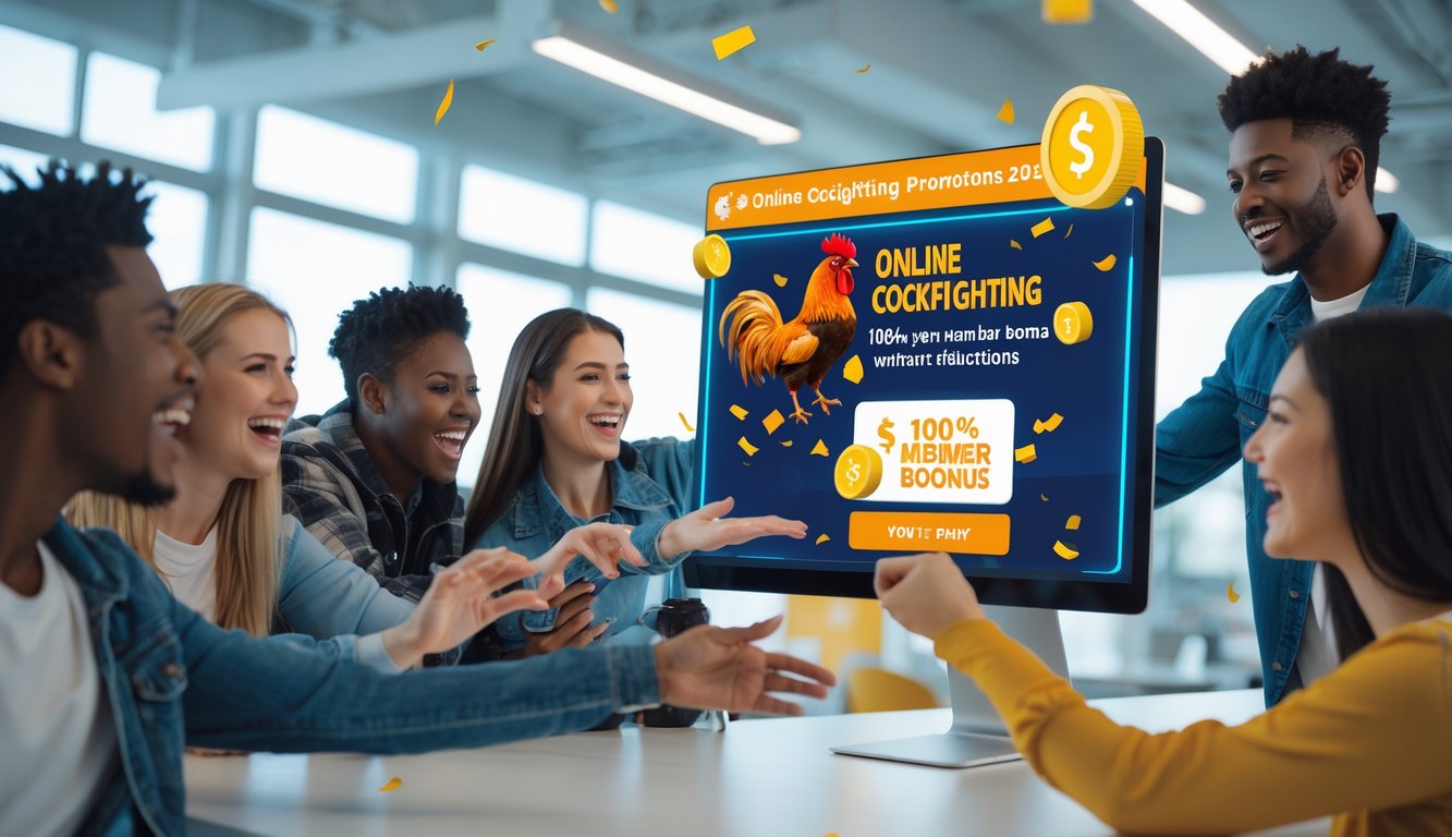 Beberapa orang muda sedang menggunakan perangkat layar sentuh besar dengan antarmuka promosi sabung ayam online terbaru, terlihat suasana ceria dan penuh semangat di ruang kerja modern.