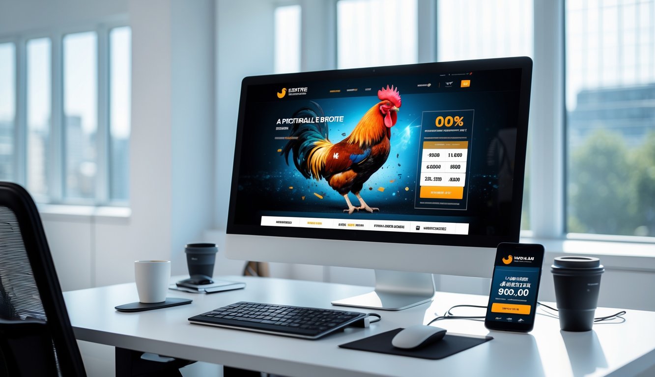 Meja kerja modern dengan komputer menampilkan situs taruhan ayam jago, suasana kantor terang dan rapi dengan cahaya alami.