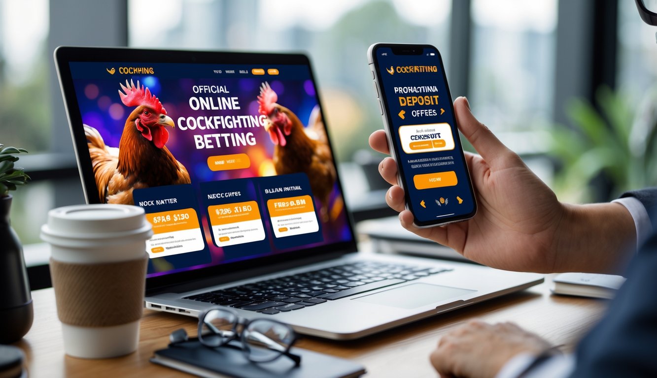 Seorang pria menggunakan laptop dan ponsel di meja kerja dengan tampilan situs sabung ayam online resmi dan promo deposit.