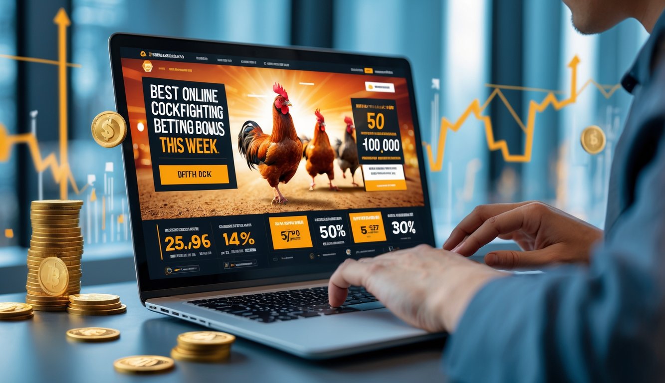Seseorang menggunakan laptop di meja kerja dengan tampilan situs taruhan sabung ayam online dan simbol bonus di latar belakang.