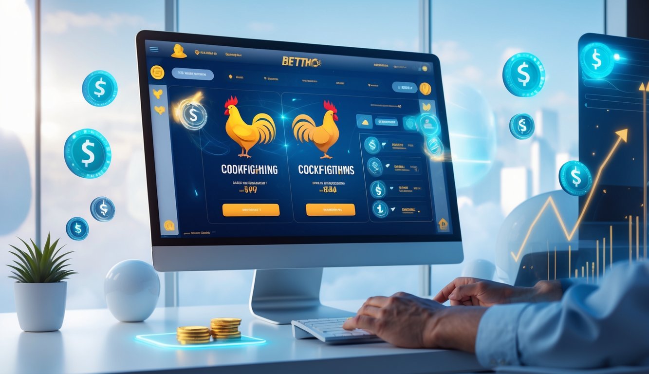 Seorang pengguna berinteraksi dengan komputer yang menampilkan platform taruhan online dengan ikon ayam dan simbol cashback di layar.