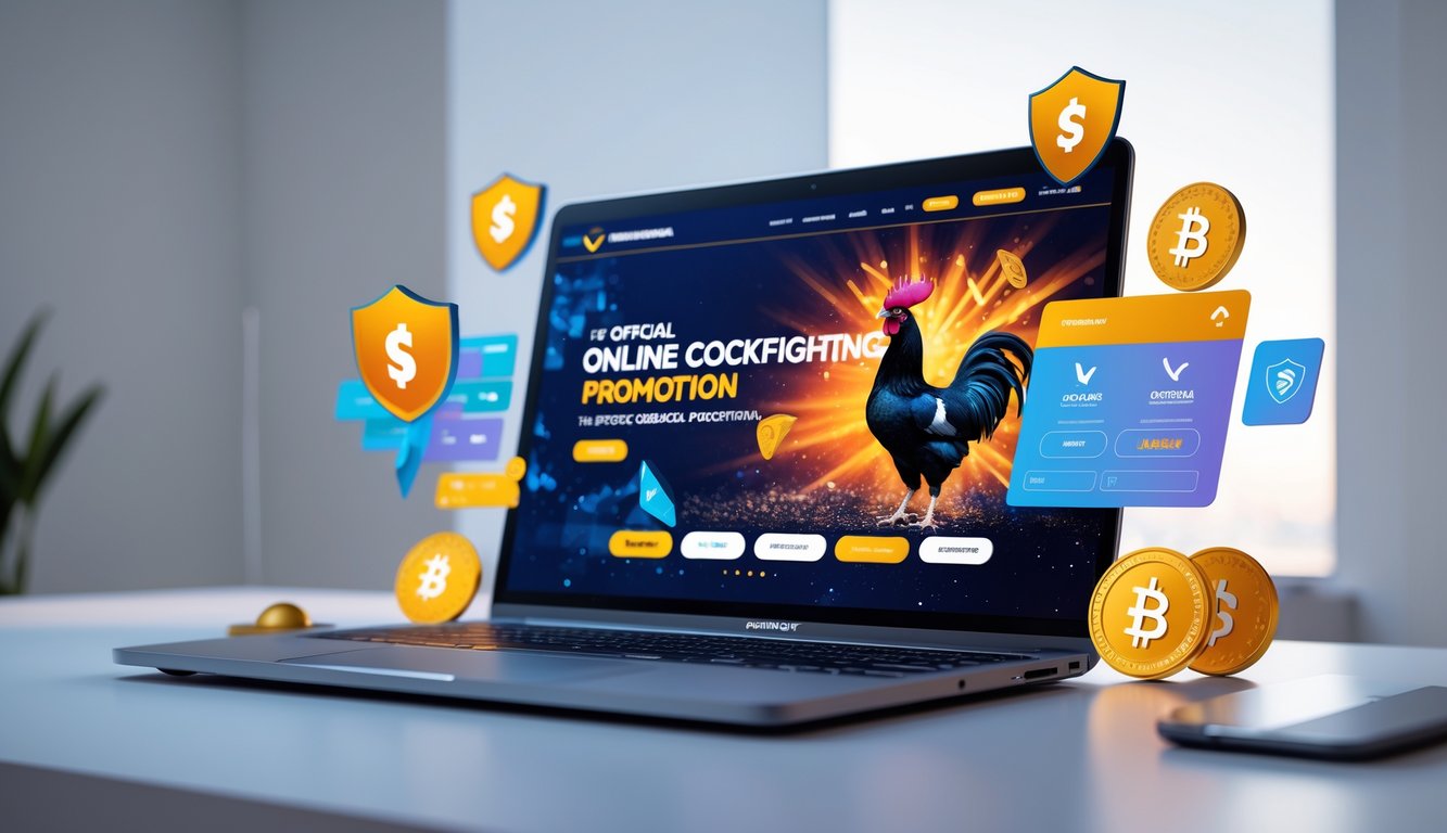 Seorang pengguna sedang melihat situs web resmi sabung ayam online dengan tampilan promosi cashback di layar laptop di atas meja kerja modern.