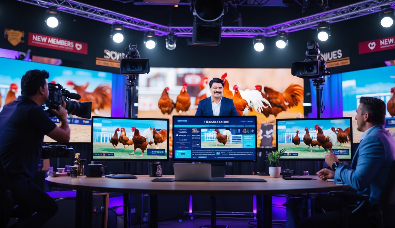 Studio live streaming dengan beberapa kamera dan monitor menampilkan pertandingan sabung ayam, dengan pembawa acara yang antusias dalam suasana yang hidup dan profesional.