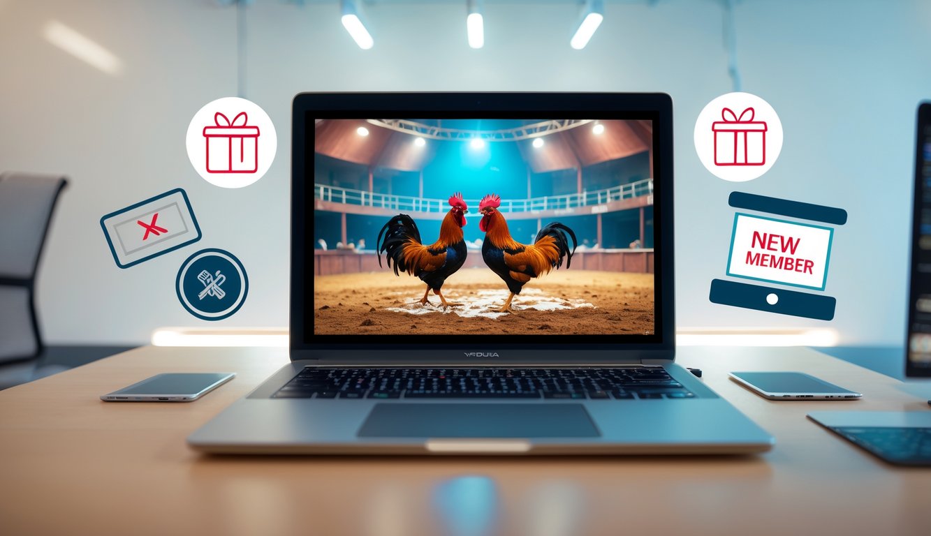 Sebuah komputer menampilkan siaran langsung pertandingan sabung ayam dengan dua ayam jantan bertarung di arena, di meja kerja modern dengan pencahayaan lembut.