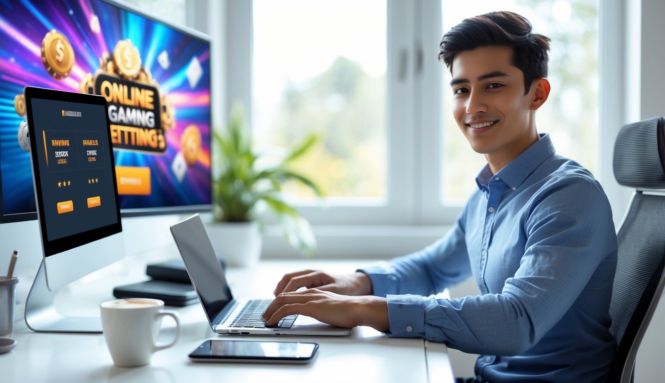 Seorang pria muda duduk di meja dengan laptop di ruang kerja yang terang dan rapi.