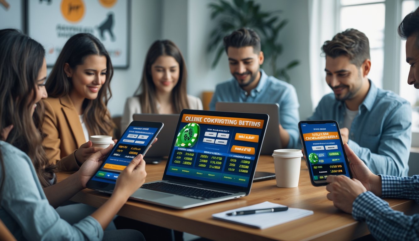 Beberapa orang menggunakan perangkat digital di ruangan yang nyaman untuk bertaruh secara online pada sabung ayam.