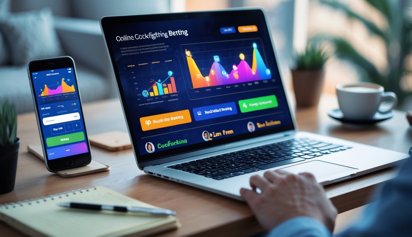 Seorang pria menggunakan laptop di meja kerja dengan tampilan layar yang menunjukkan aktivitas taruhan sabung ayam online, dikelilingi oleh ponsel, cangkir kopi, dan alat tulis di ruangan yang nyaman.
