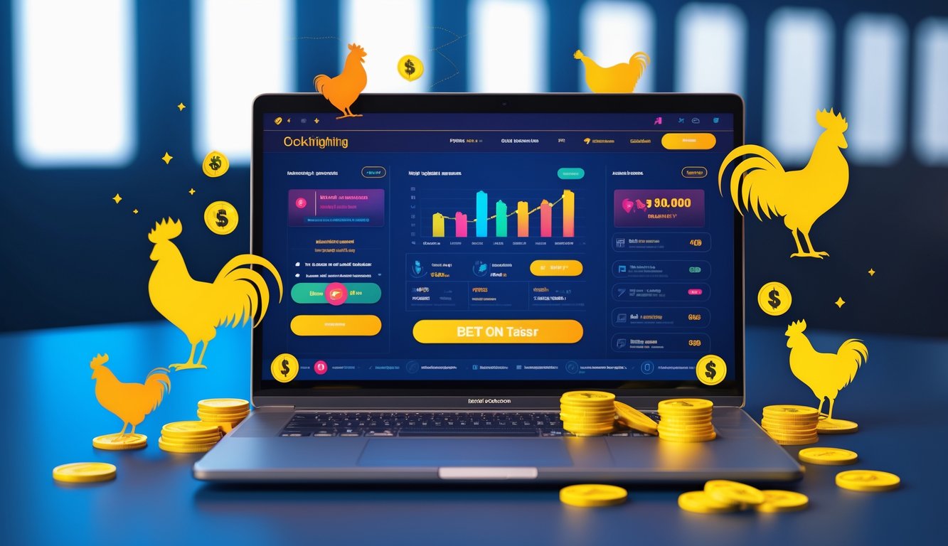 Seseorang menggunakan laptop dengan tampilan antarmuka taruhan online sabung ayam yang menampilkan grafik dan notifikasi bonus.