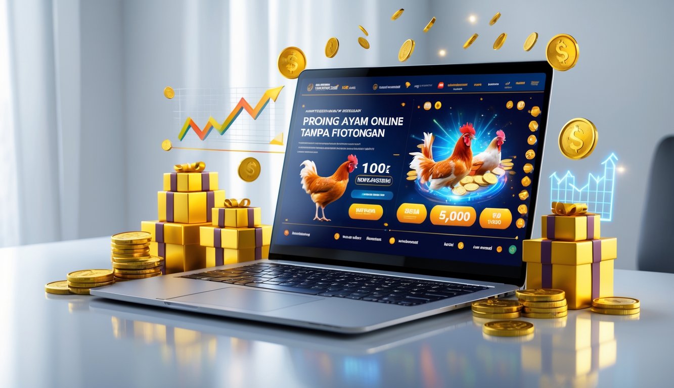 Seorang pria menggunakan laptop di meja kerja dengan koin emas dan hadiah di sekitarnya, menggambarkan promosi online sabung ayam tanpa potongan dengan bonus harian.