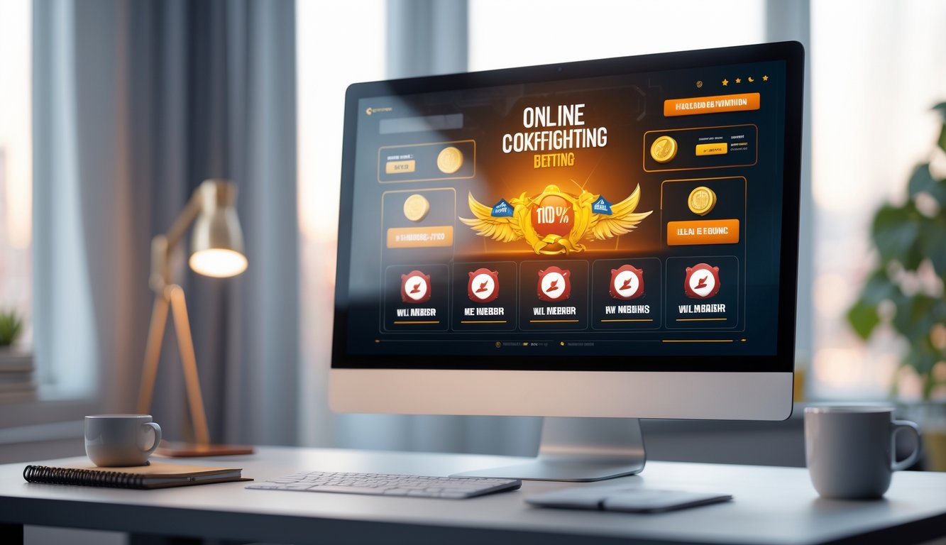 Sebuah komputer di meja kerja menampilkan antarmuka taruhan sabung ayam online dengan suasana ruangan yang nyaman.
