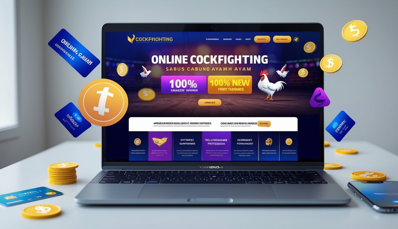 Seorang pengguna duduk di depan komputer dengan layar menampilkan situs taruhan sabung ayam online dan elemen promosi, di ruang kerja yang rapi dan terang.