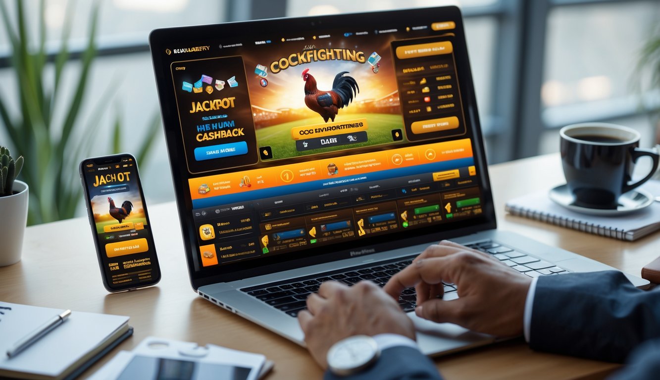 Seseorang menggunakan komputer dan ponsel untuk memasang taruhan sabung ayam online dengan suasana kerja yang rapi dan nyaman.
