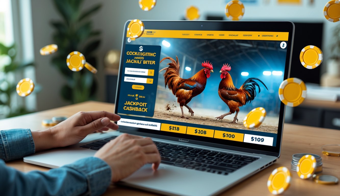 Seorang pengguna sedang melihat siaran langsung pertandingan sabung ayam di layar komputer di ruang tamu yang terang.