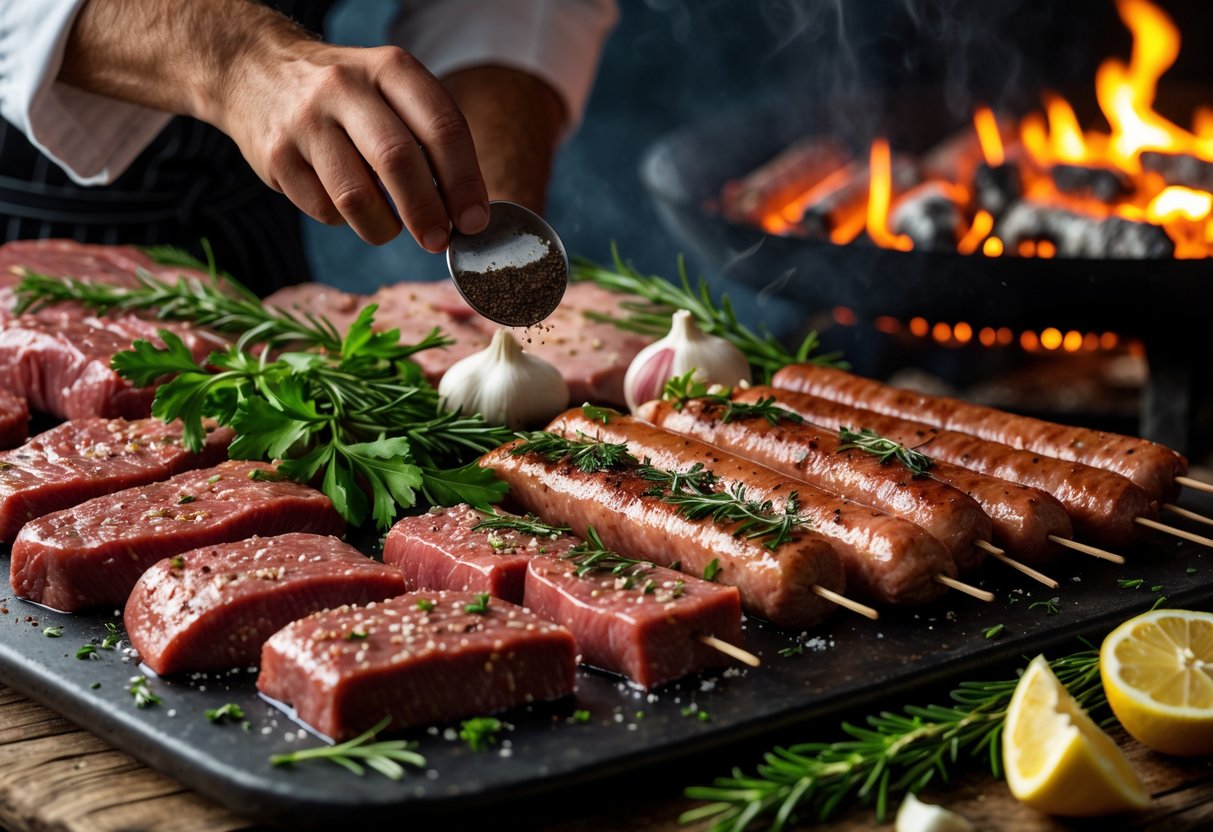 A table with raw meats, herbs, and a hand seasoning them next to a glowing charcoal grill.