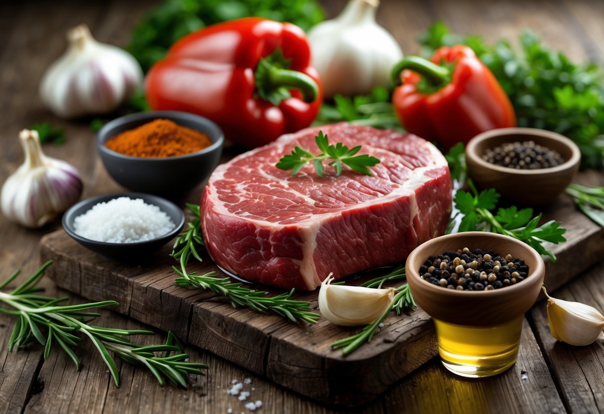 A wooden table with raw beef steaks, fresh vegetables, herbs, and seasoning ingredients arranged for preparing churrasco.