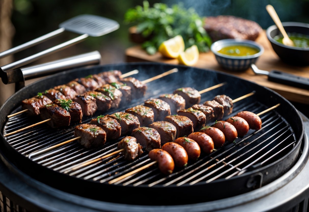 Skewers of marinated meat grilling over hot coals on an outdoor grill with grilling tools and fresh ingredients nearby.