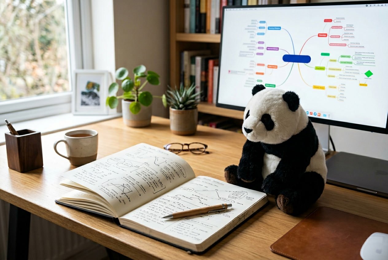 A workspace with an open notebook, a panda figurine on the desk, and a computer screen showing a mind map about storytelling.