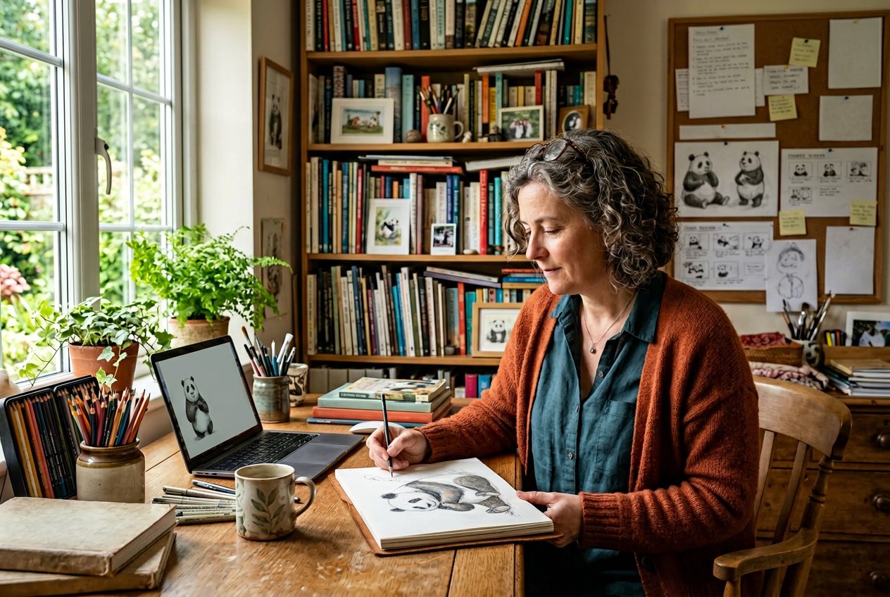 A person working at a desk with art supplies and a sketch of a panda, surrounded by books and creative materials in a well-lit room.