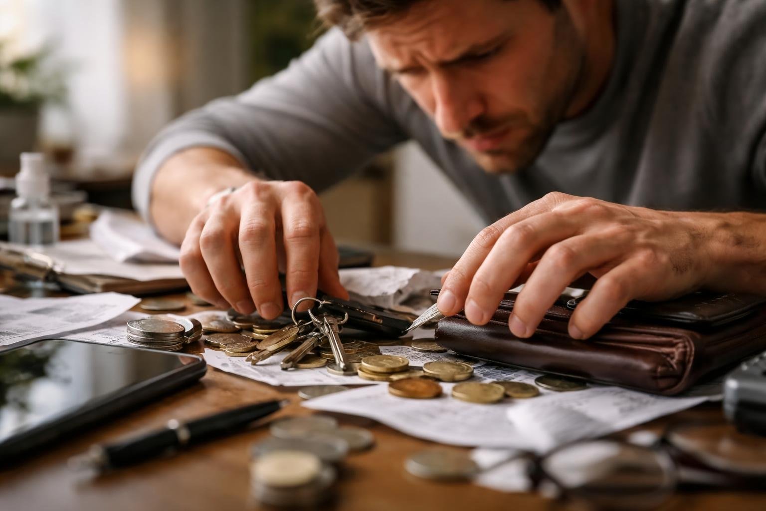 A person searching through a cluttered desk looking frustrated and tired.