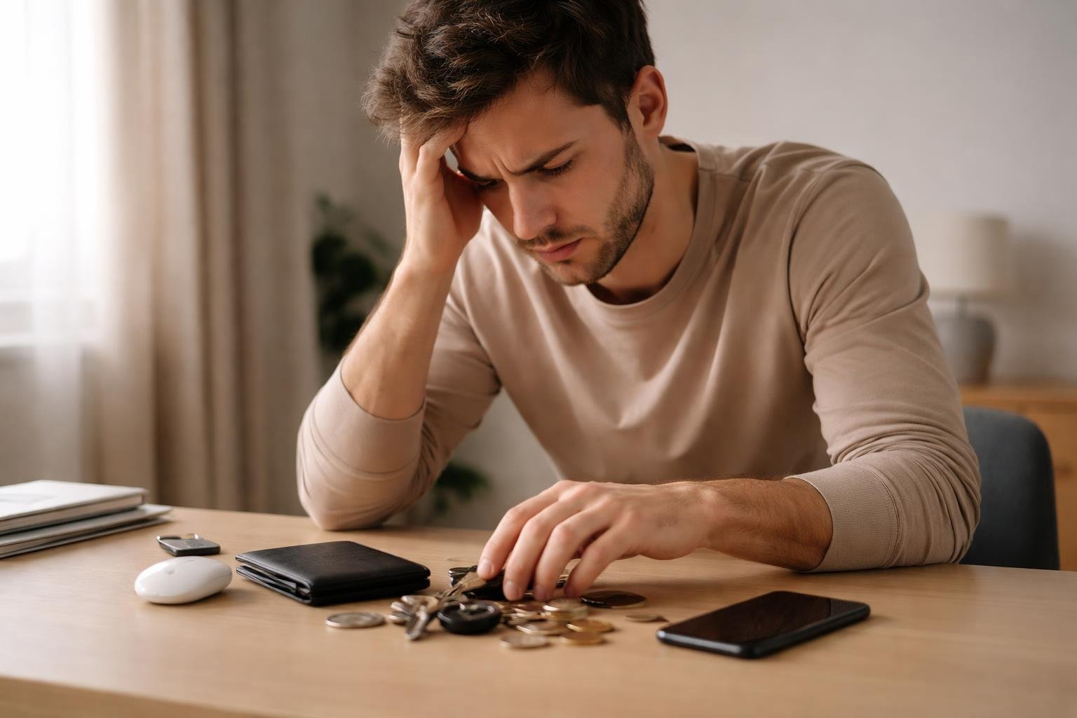 A young adult sitting at a desk looking upset while searching through scattered small personal items.