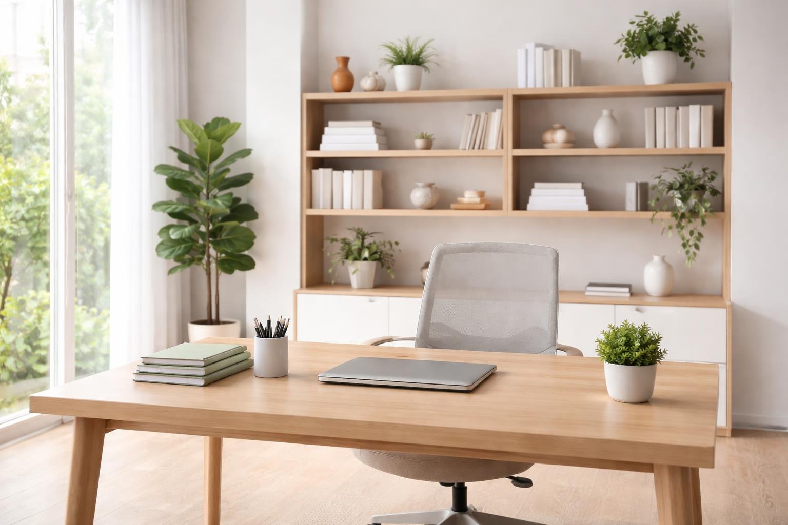 A tidy home office with a wooden desk, organized bookshelves, and a chair, all neatly arranged in a bright room.