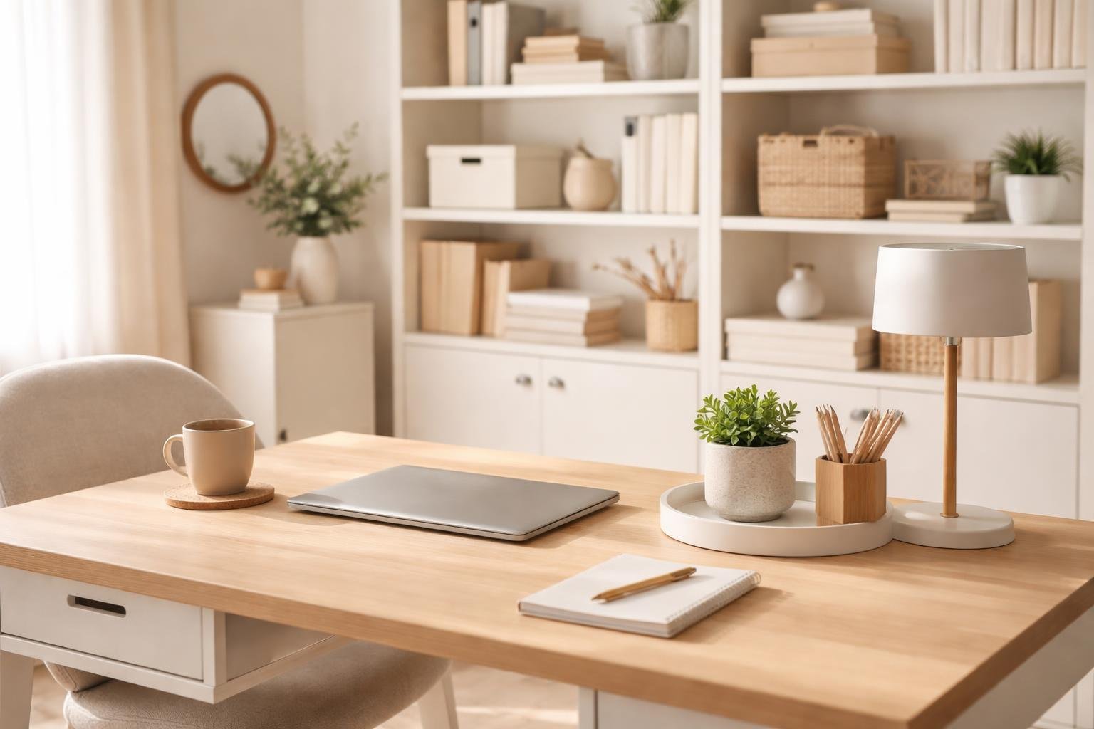A tidy home office with a clean desk, organized shelves, and natural light creating a calm atmosphere.