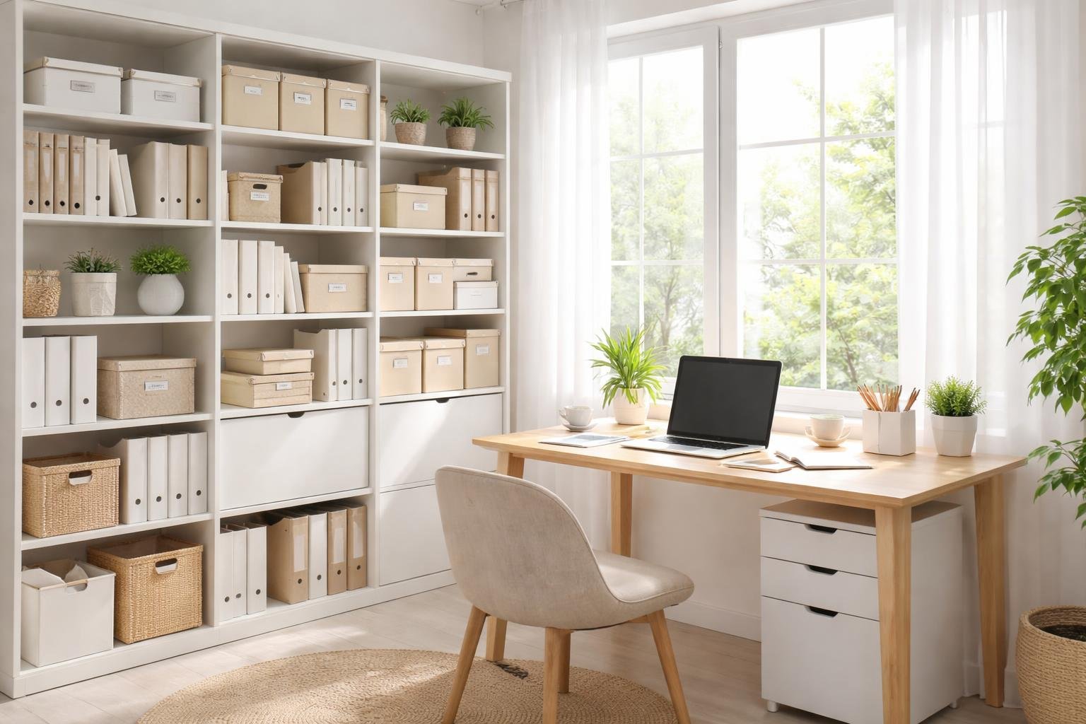 A bright, organized living space with neatly arranged shelves, a clean desk, and natural light coming through large windows.