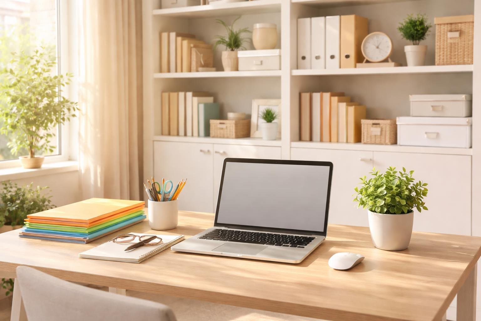 A tidy home office with a neatly arranged desk and organized shelves, illuminated by natural light.