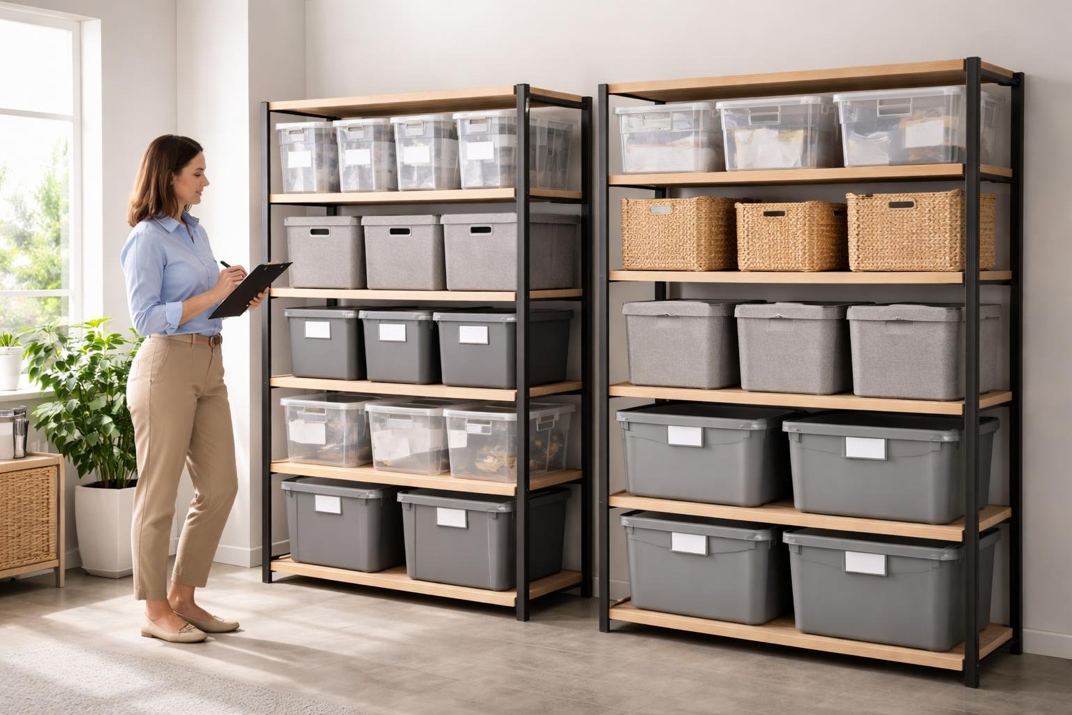A person examining sturdy, well-organized storage units with labeled bins in a bright, clean room.