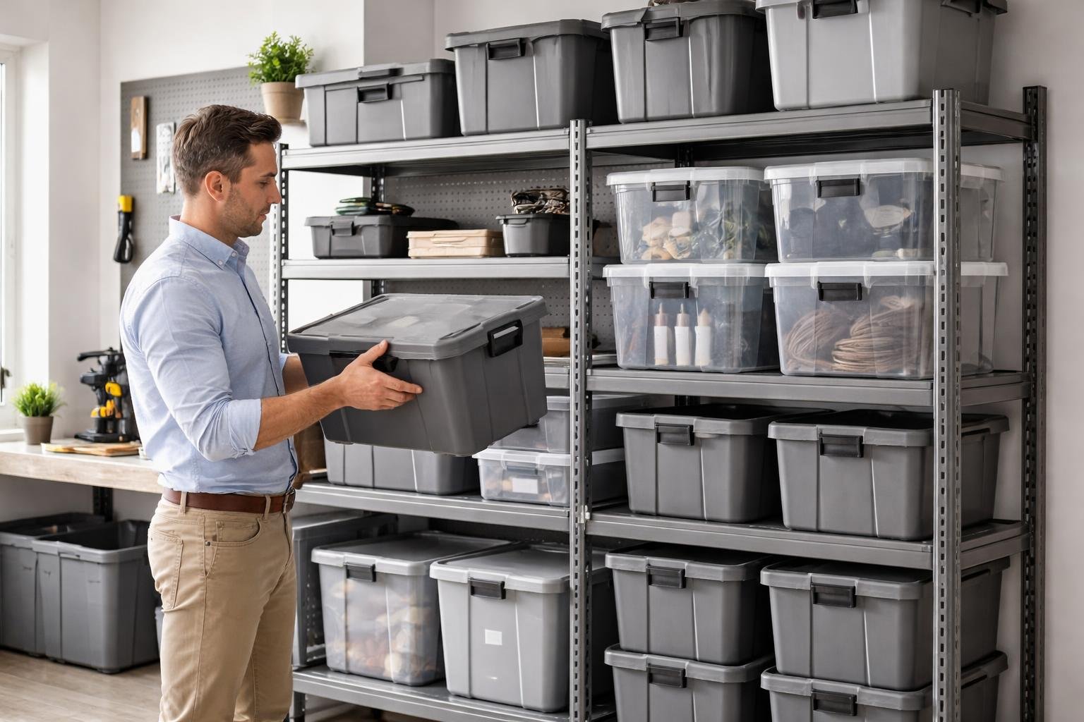 A person examining durable storage containers in a clean, organized storage room.