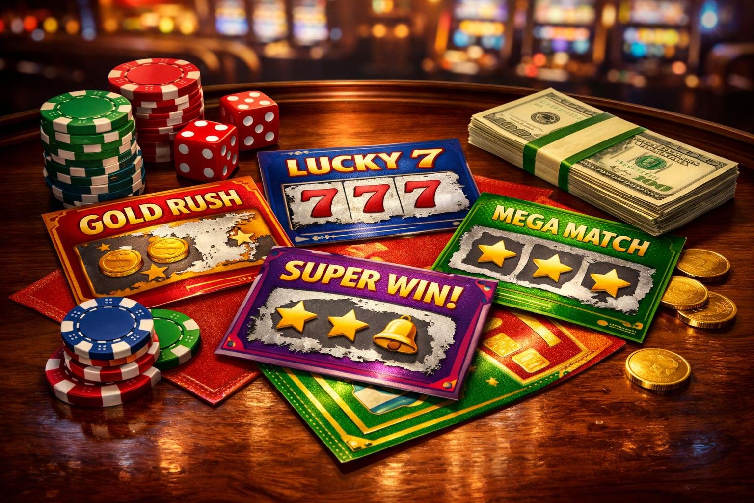 CloseUp Of Colorful Scratch Cards On A Table Surrounded By Poker Chips, Dice, And Cash, With A Blurred Casino Background.