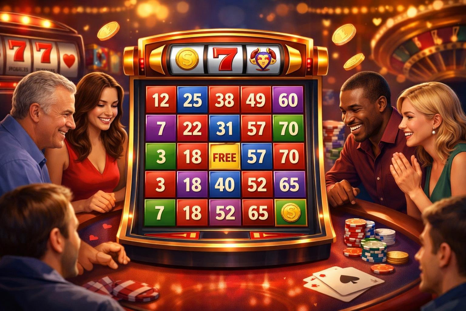 A Group Of People Playing A Colorful Slingo Casino Game On A Modern Game Board With Numbered Slots And Casino Elements Around Them.