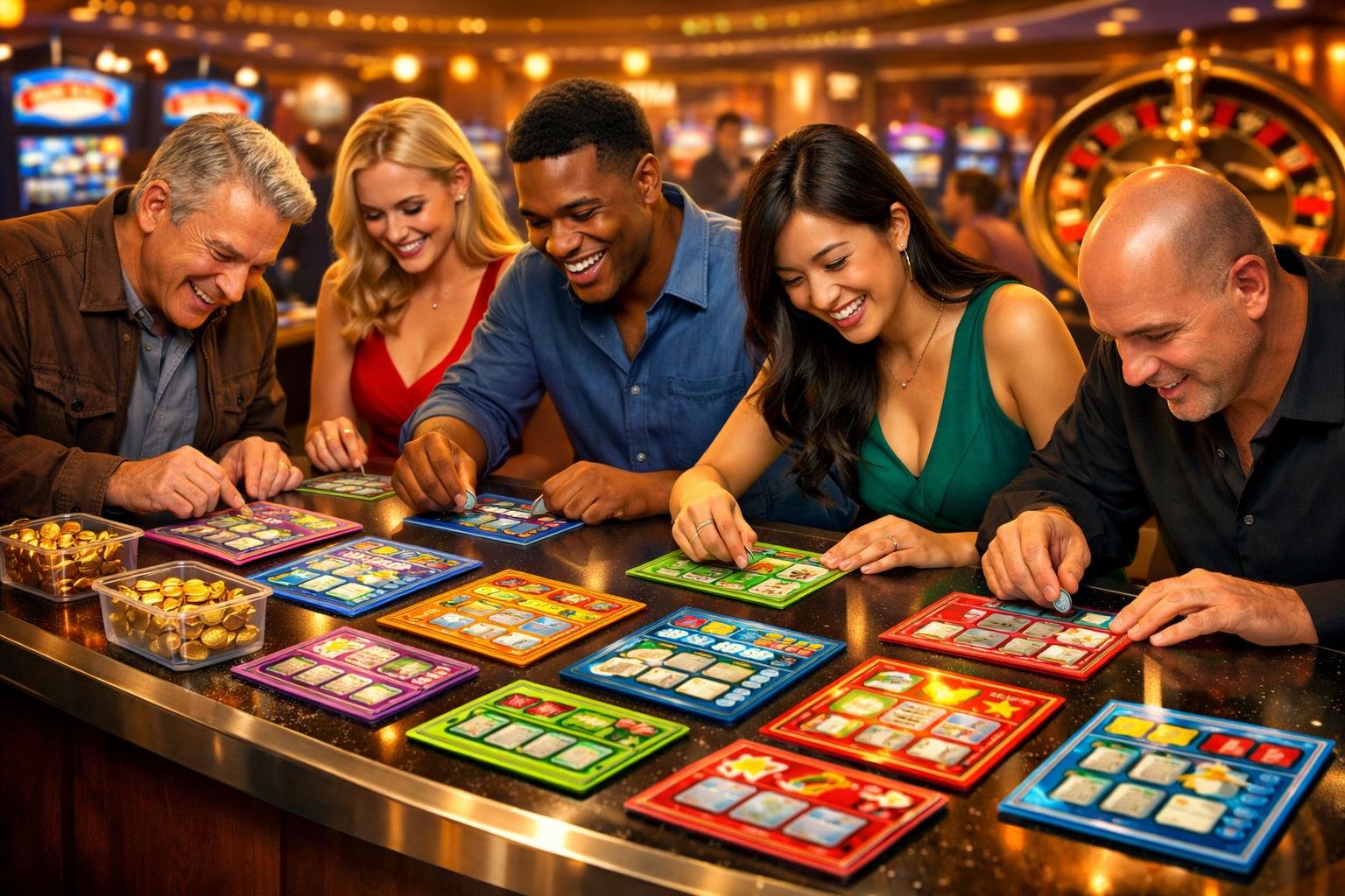 People Playing Scratch Cards At A Casino Table With Slot Machines And Roulette Wheels In The Background.
