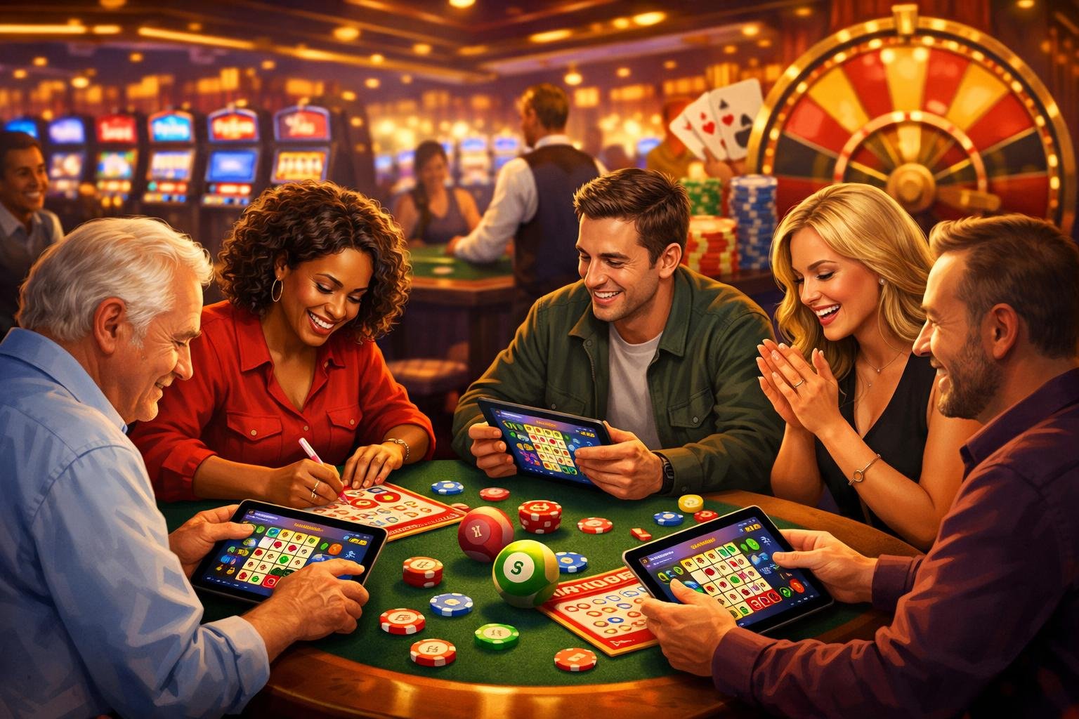 A Group Of Diverse People Playing Slingo In A Lively Casino Setting With Gaming Tables And Slot Machines In The Background.