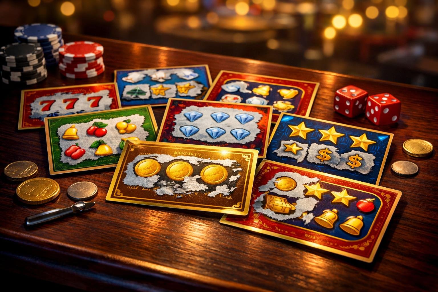 A Variety Of Colorful Casino Scratch Cards Arranged On A Table With Poker Chips And Dice Around Them.