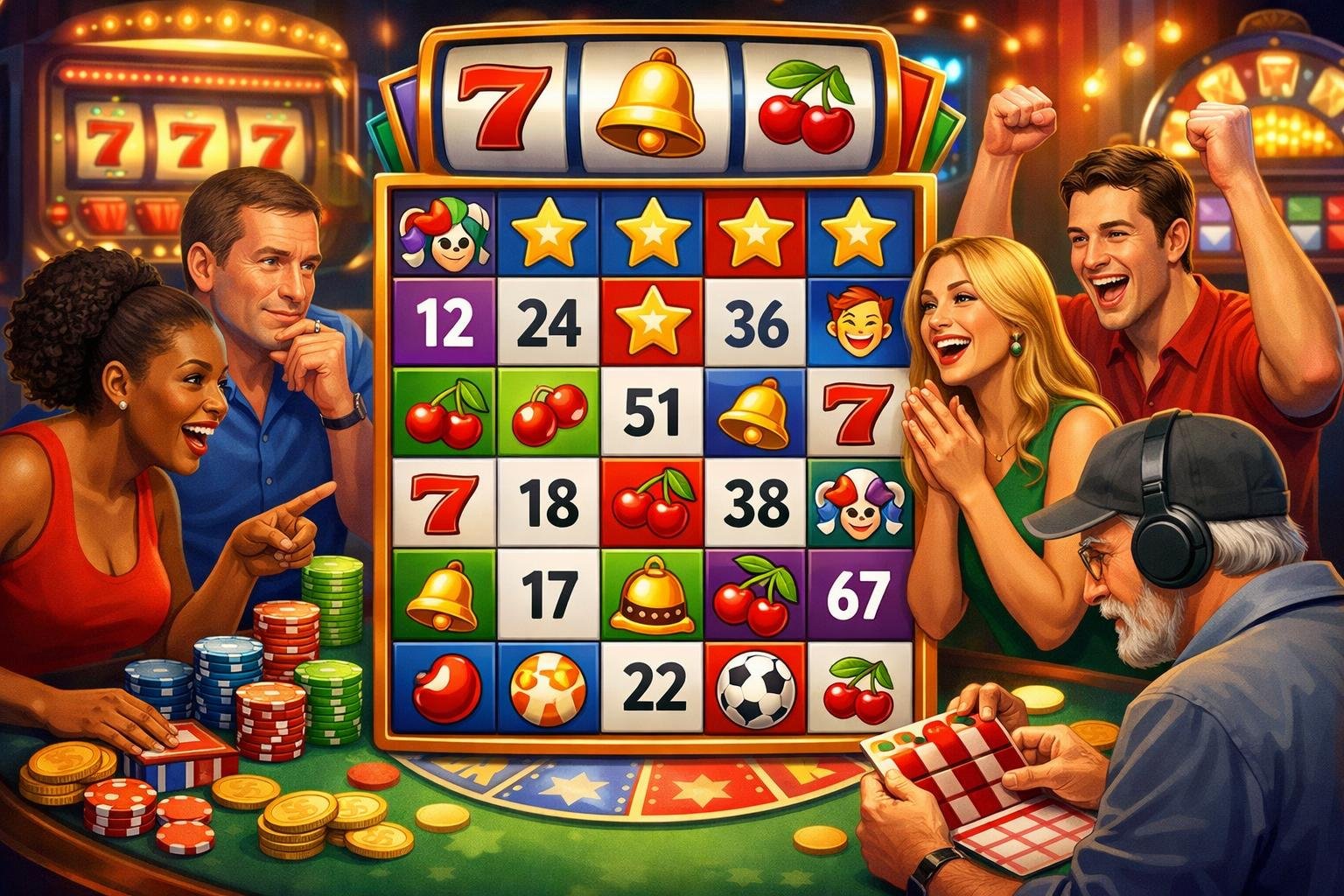 A Lively Scene Showing People Playing A Casino Game With A Colorful Game Board Featuring Numbers And Slot Machine Symbols.