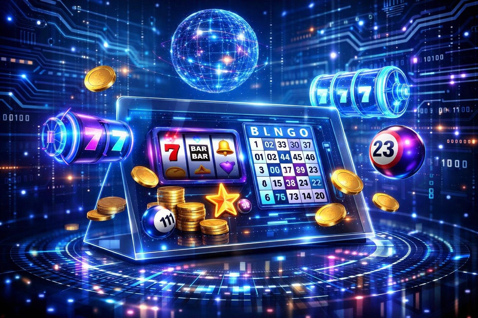 A Futuristic Digital Interface Showing Game Icons, Circuit Patterns, And Holographic Elements Representing The Technology Behind A Slingo Casino Game.